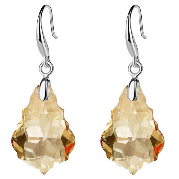 Silver with Champagne Topaz Austrian Crystal Baroque Dangling Drop Hook Earrings